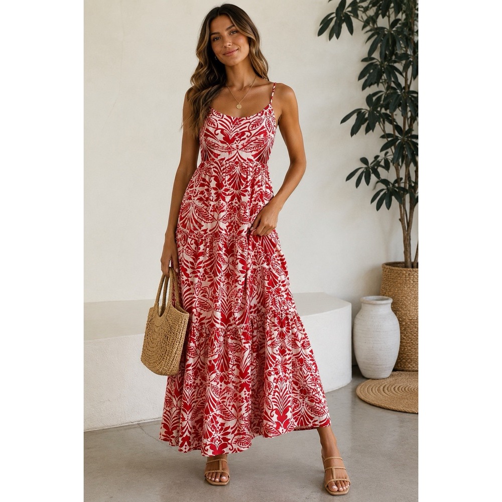 Heyson Tropical Print Tiered Maxi Dress Lined Medium NWT Boho